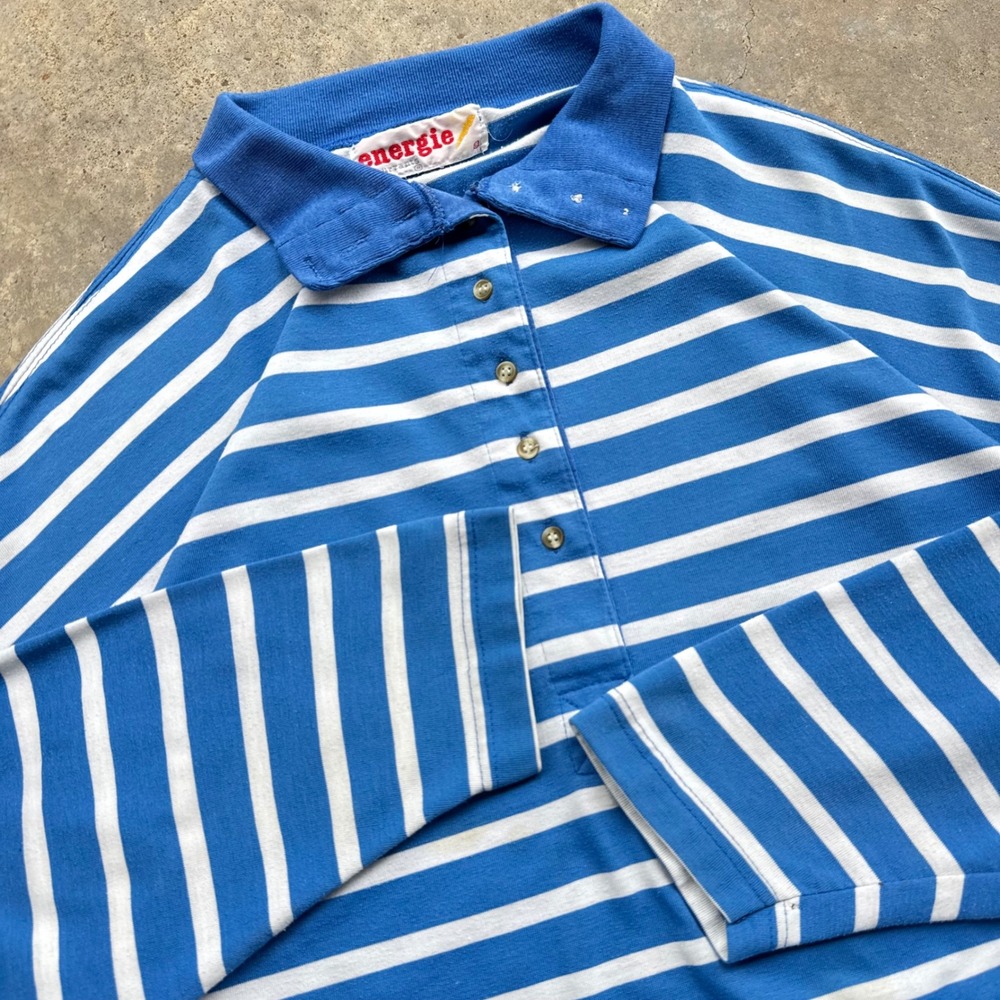 Vintage 80s Energie Striped Rugby Shirt Full Button Collar Blue XL (g3b)